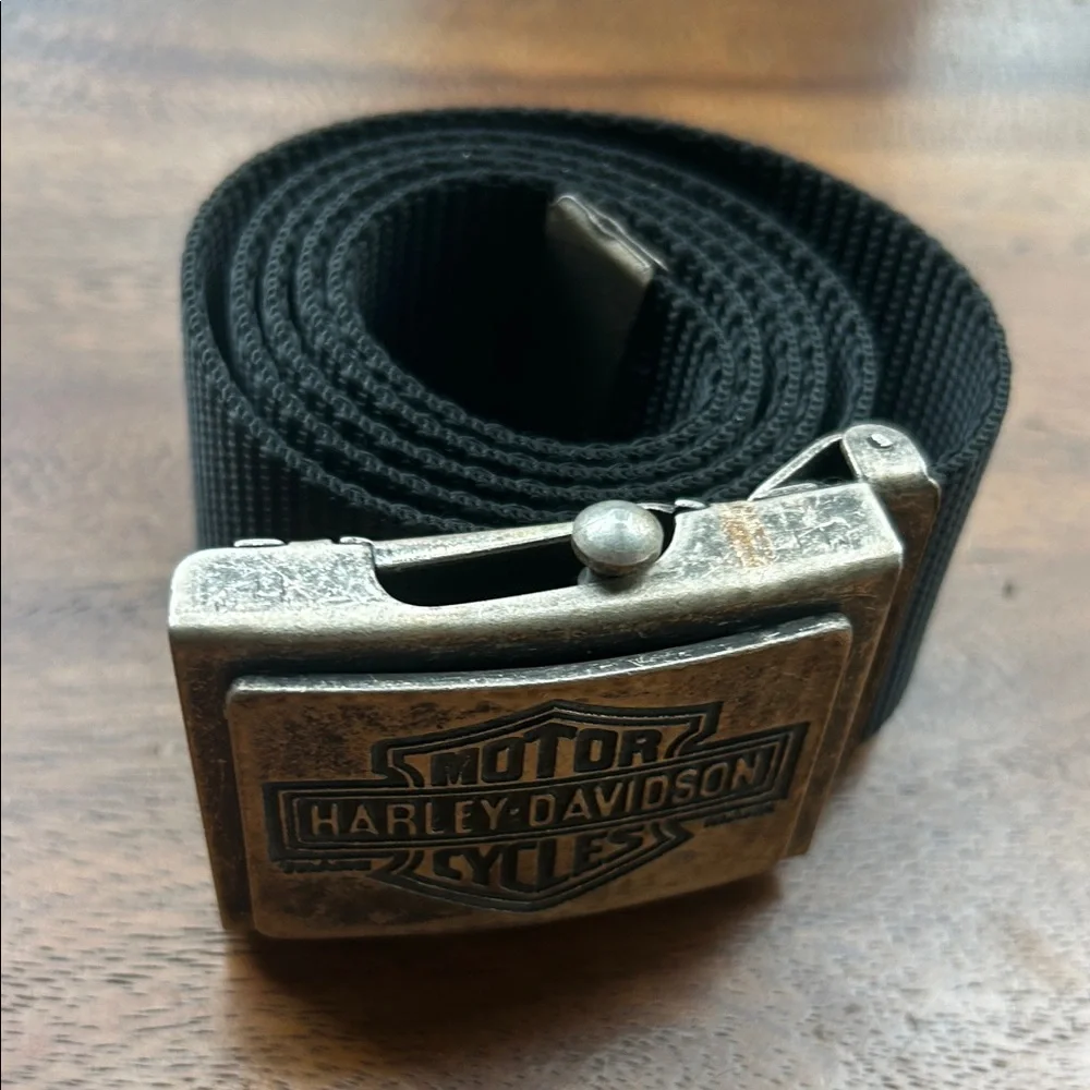Harley-Davidson Black Web Belt with Distressed Silver Buckle ! Size 32
